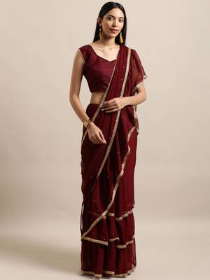 Maroon Printed Chiffon Saree With Blouse 2
