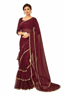 Maroon Printed Chiffon Saree With Blouse 1