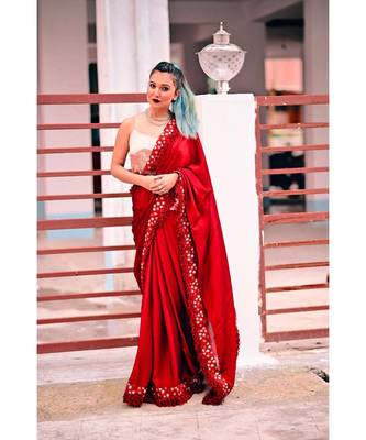 Inddus Maroon Silk Blend Lace Bordered Fringe Saree With Blouse 1