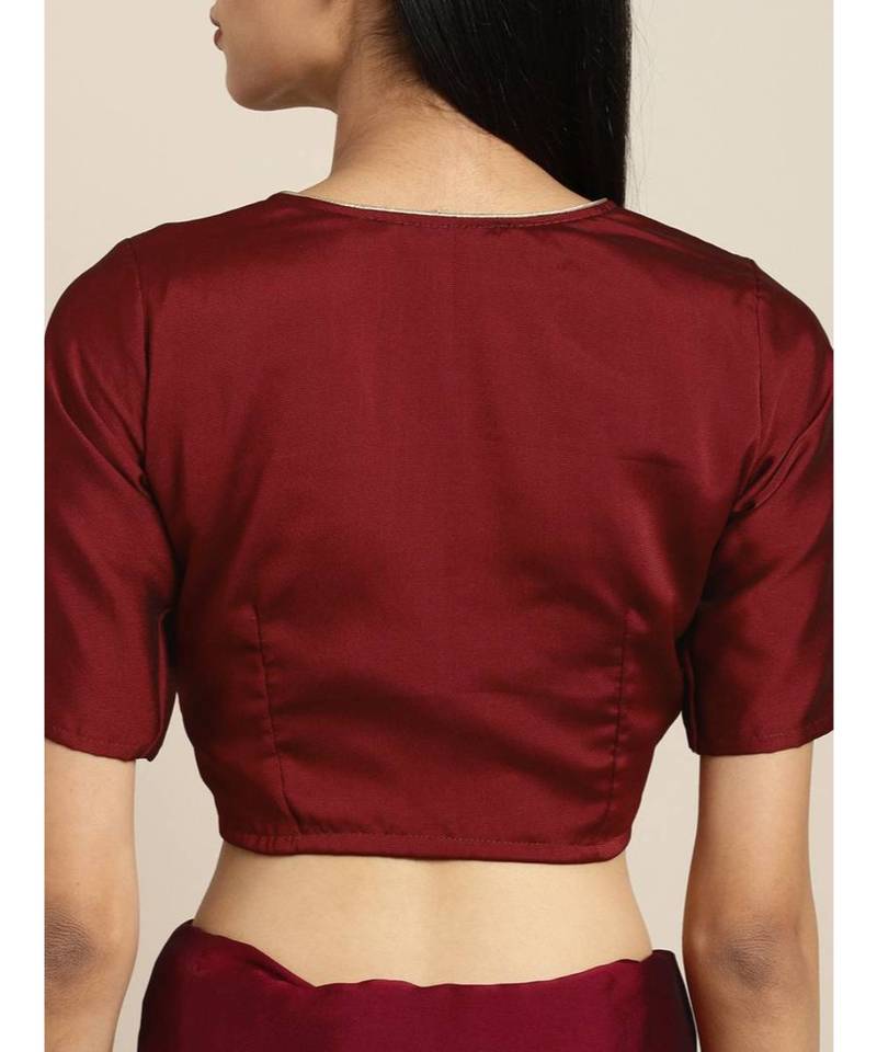 Inddus Maroon Silk Blend Lace Bordered Fringe Saree With Blouse