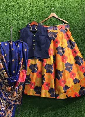 Multicolor plain
 silk semi stitched lehenga 1