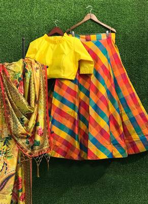 Multicolor plain
 silk semi stitched lehenga 1