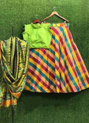 Multicolor plain
 silk semi stitched lehenga 1