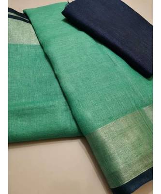 Green  Woven Linen Saree With Blouse 1