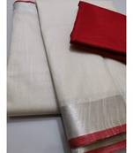 White Woven Linen Saree With Blouse