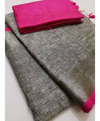 Grey  Woven Linen Saree With Blouse 1