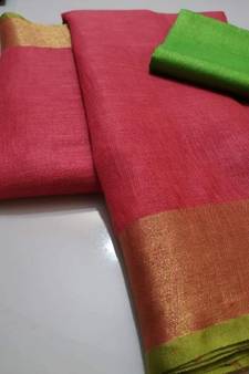 Pink Woven Linen Saree With Blouse