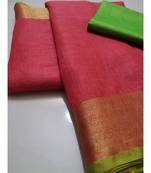 Pink Woven Linen Saree With Blouse