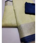 Cream Woven Linen Saree With Blouse