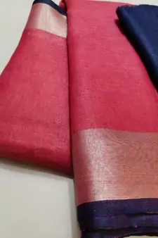 Pink Woven Linen Saree With Blouse