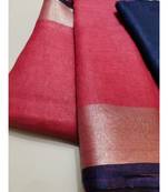 Pink Woven Linen Saree With Blouse