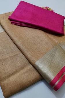 Beige Woven Linen Saree With Blouse