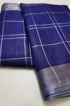 Blue Woven Linen Saree With Blouse