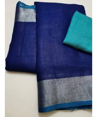 Navy Blue Woven Linen Saree With Blouse 1