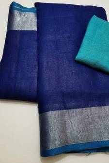 Navy Blue Woven Linen Saree With Blouse