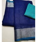 Navy Blue Woven Linen Saree With Blouse