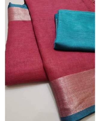 Pink Woven Linen Saree With Blouse 1