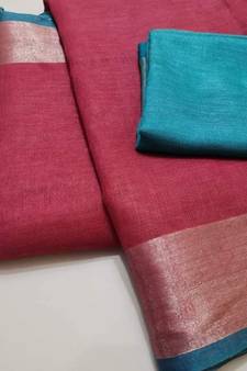 Pink Woven Linen Saree With Blouse