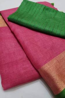 Pink Woven Linen Saree With Blouse