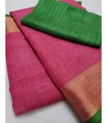 Pink Woven Linen Saree With Blouse