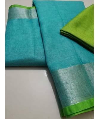 Sky Blue Woven Linen Saree With Blouse 1