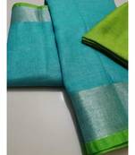 Sky Blue Woven Linen Saree With Blouse