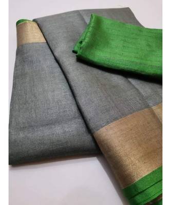 Grey  Woven Linen Saree With Blouse 1