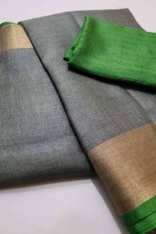 Grey  Woven Linen Saree With Blouse