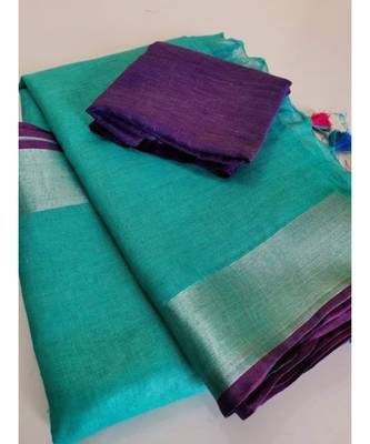 Sky Blue Woven Linen Saree With Blouse 1