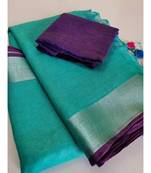 Sky Blue Woven Linen Saree With Blouse