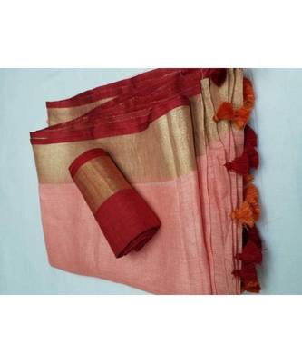 Peach Woven Linen Saree With Blouse 1