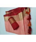 Peach Woven Linen Saree With Blouse