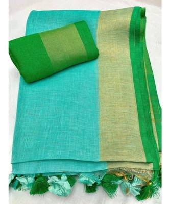 Sky Blue Woven Linen Saree With Blouse 1