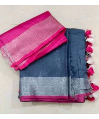 Dark Grey Woven Linen Saree With Blouse 1
