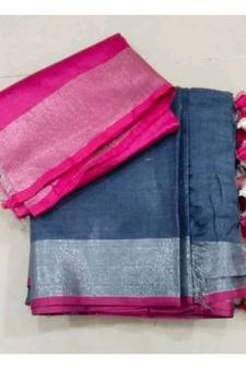 Dark Grey Woven Linen Saree With Blouse