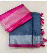 Dark Grey Woven Linen Saree With Blouse