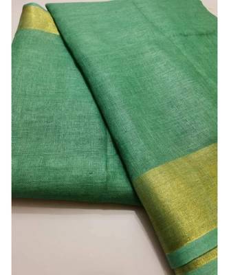 Turquoise Woven Linen Saree With Blouse 1