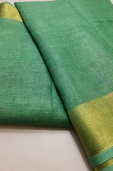 Turquoise Woven Linen Saree With Blouse