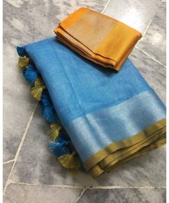 Blue Woven Linen Saree With Blouse 1