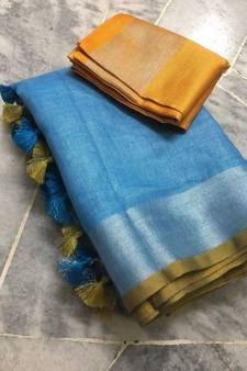 Blue Woven Linen Saree With Blouse