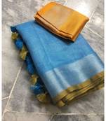 Blue Woven Linen Saree With Blouse