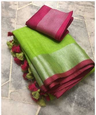 Green  Woven Linen Saree With Blouse 1
