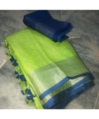 Green  Woven Linen Saree With Blouse 1