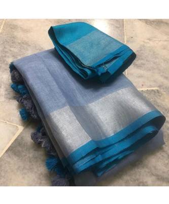Grey  Woven Linen Saree With Blouse 1