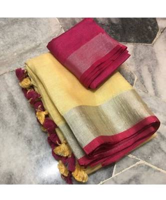 Yellow Woven Linen Saree With Blouse 1