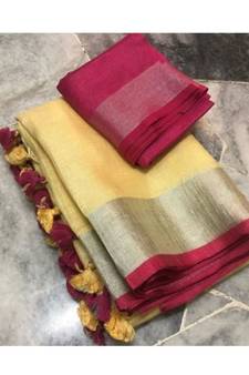 Yellow Woven Linen Saree With Blouse