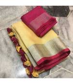 Yellow Woven Linen Saree With Blouse