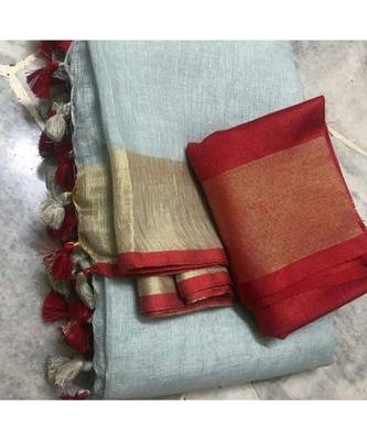 Light Grey Woven Linen Saree With Blouse 1