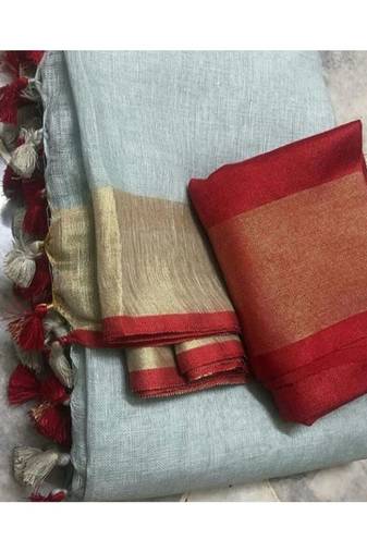 Light Grey Woven Linen Saree With Blouse