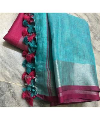 Blue Woven Linen Saree With Blouse 1